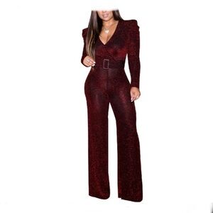 VALENTINE RED METALLIC COPPER JUMPSUIT. Size Med. Long sleeve. Wide Leg NWOT